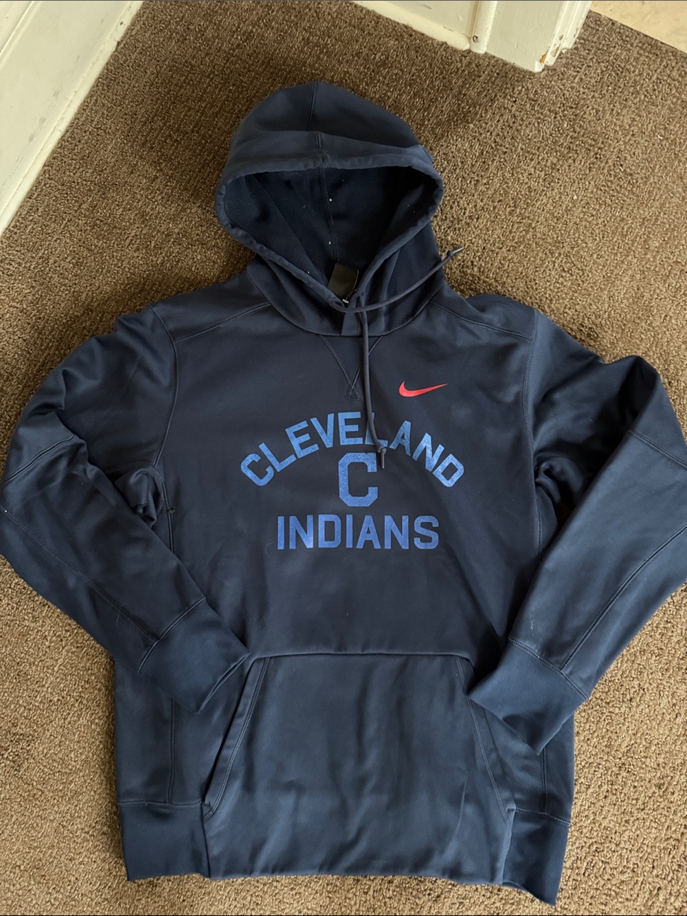 Nike Navy Cleveland Indians Pullover Hoodie with Red Swoosh